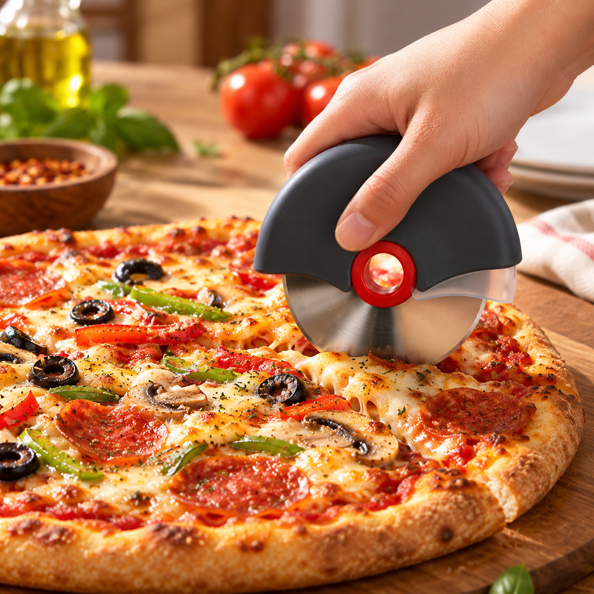 Ergonomisk pizzaskærer med aftageligt design i rustfrit stål