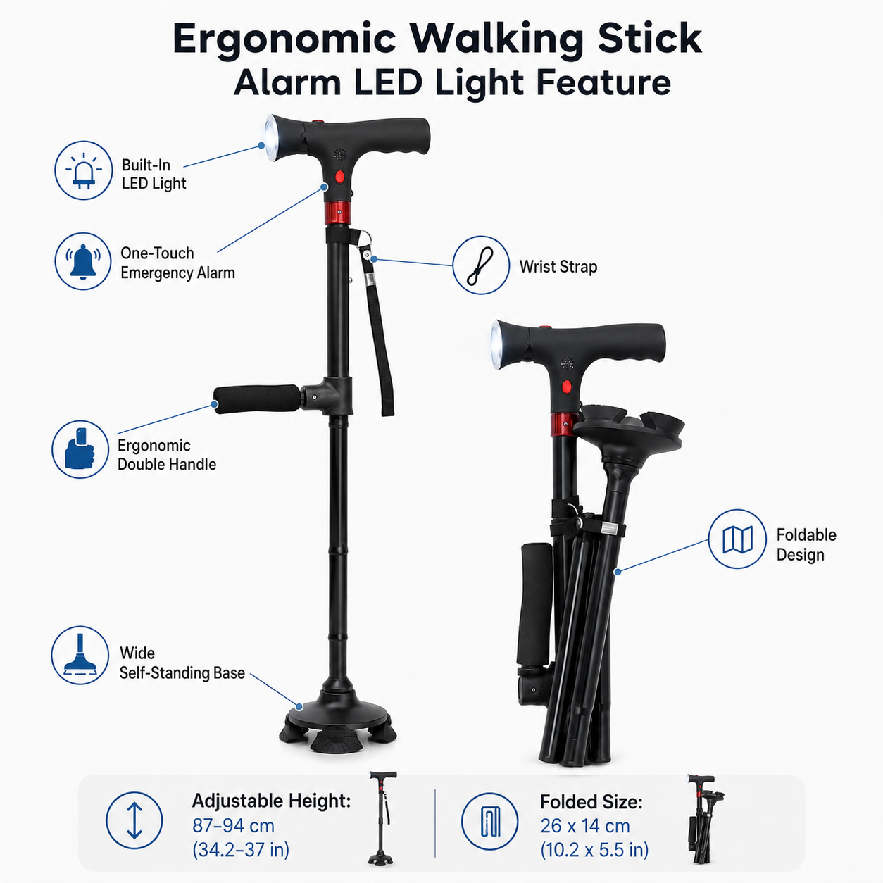 Ergonomisk stok med alarm og LED-lys