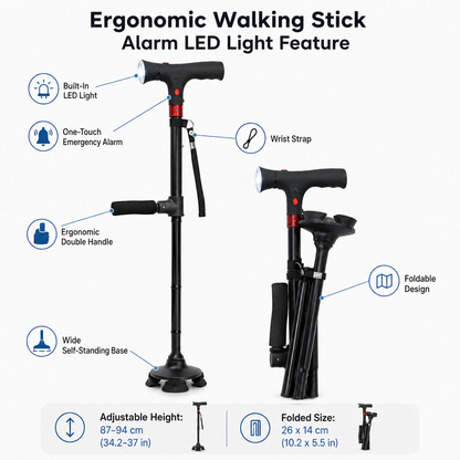 Ergonomisk stok med alarm og LED-lys