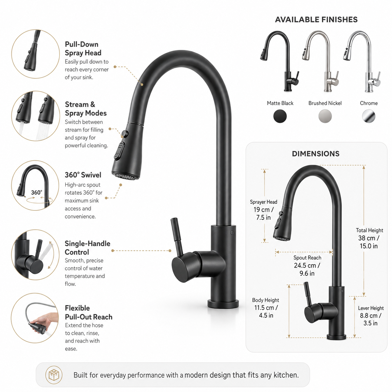 Extendable Kitchen Faucet Pull Down Flexible Swivel Spray