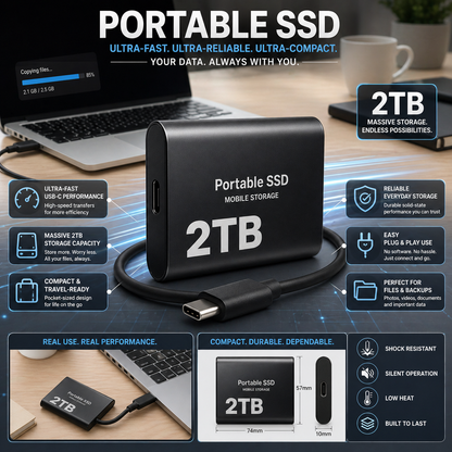 Disco Rígido Externo SSD Portátil USB C 2TB Armazenamento Móvel