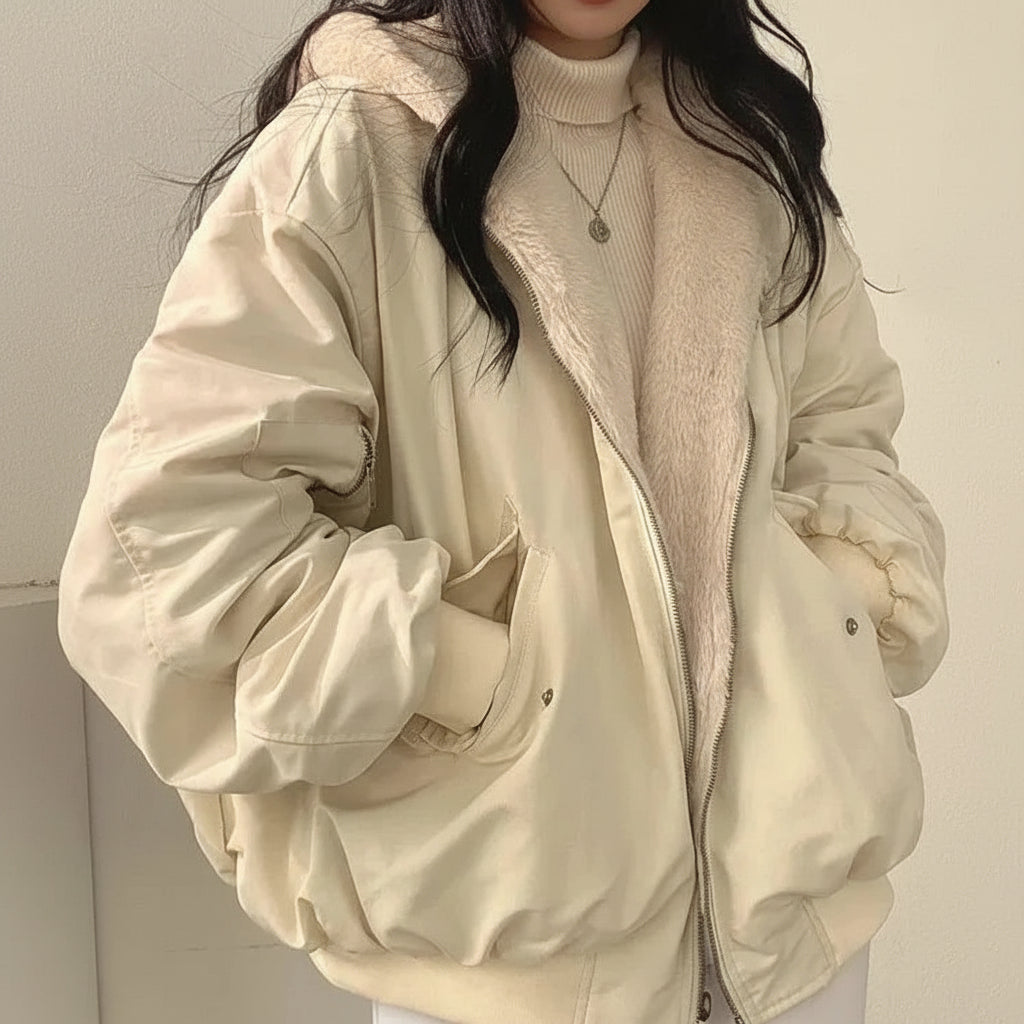 Winterjacke Damen mit Lammfellfutter Reißverschluss Freizeitmantel
