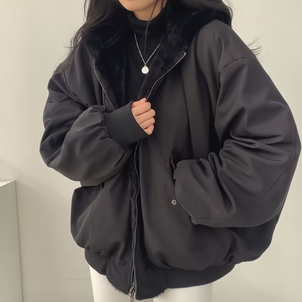 Winterjacke Damen mit Lammfellfutter Reißverschluss Freizeitmantel
