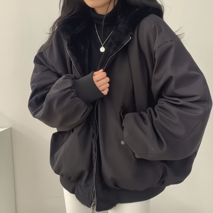 Winterjacke Damen mit Lammfellfutter Reißverschluss Freizeitmantel