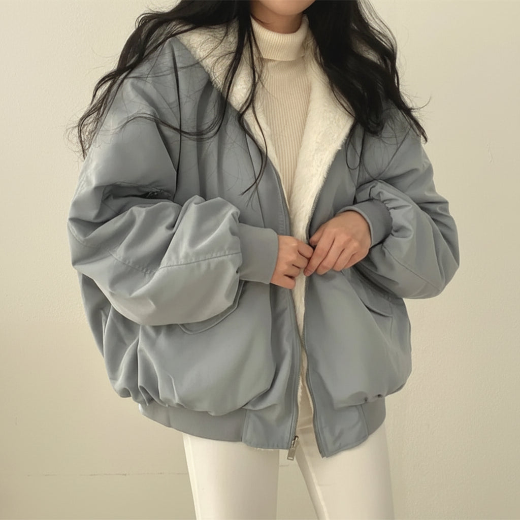 Winterjacke Damen mit Lammfellfutter Reißverschluss Freizeitmantel