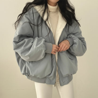 Winterjacke Damen mit Lammfellfutter Reißverschluss Freizeitmantel