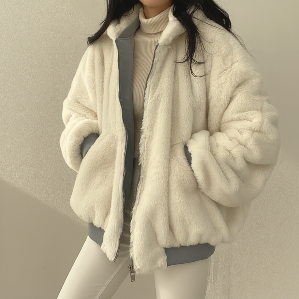 Winterjacke Damen mit Lammfellfutter Reißverschluss Freizeitmantel