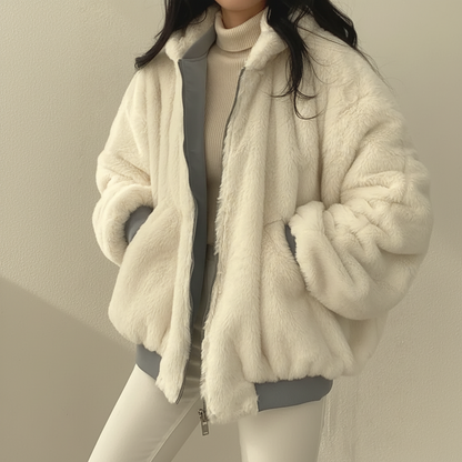 Winterjacke Damen mit Lammfellfutter Reißverschluss Freizeitmantel