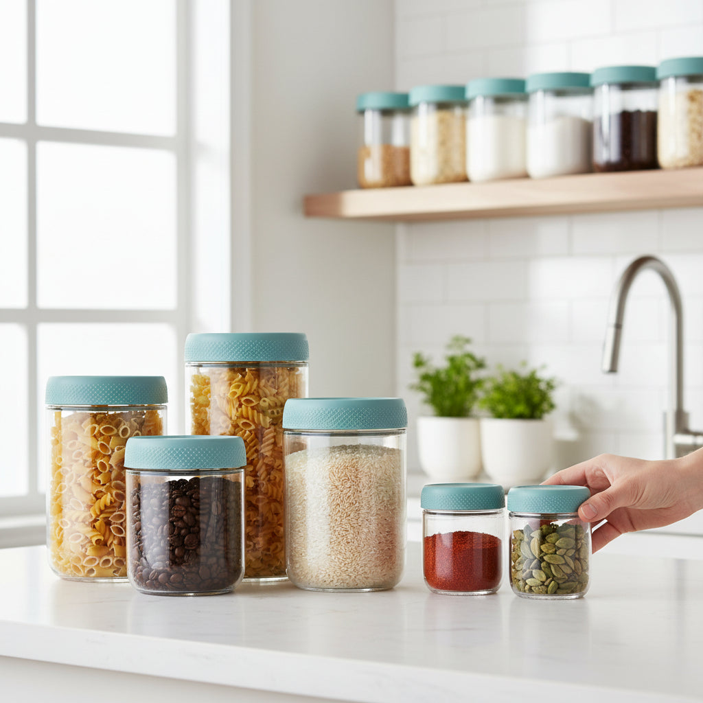 Conjunto de Frascos de Vidro para Armazenamento de Alimentos Herméticos e Empilháveis para Cozinha