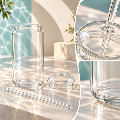 Pahar înalt elegant din sticlă, reutilizabil, transparent, cu capac și pai