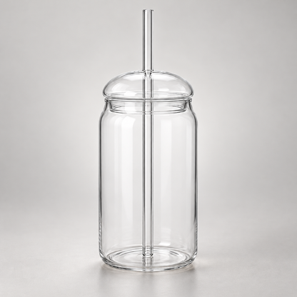 Pahar înalt elegant din sticlă, reutilizabil, transparent, cu capac și pai