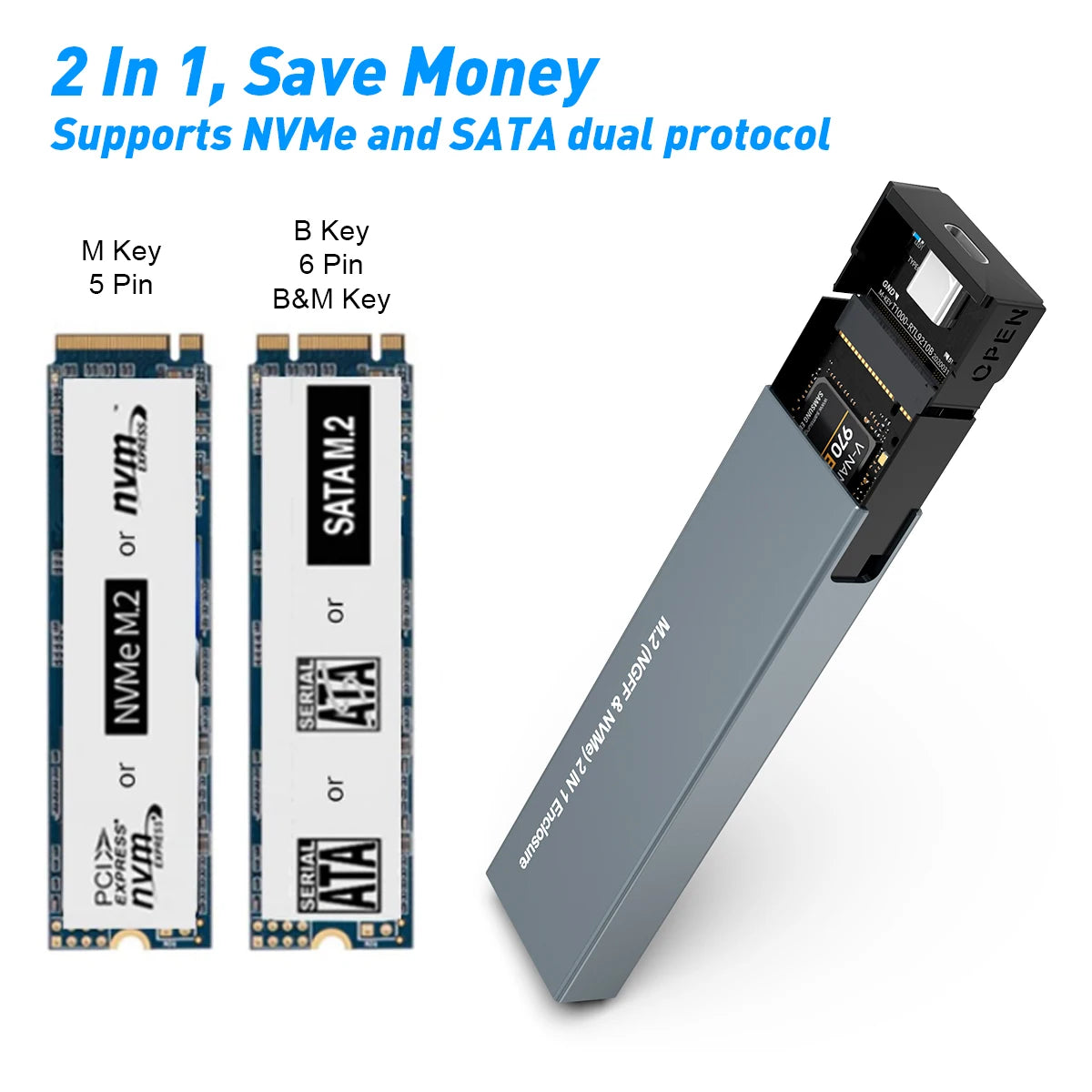 Carcasa externa portátil para disco duro SSD USB C NVMe SATA