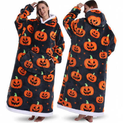 Hanorac cu glugă și pătură Sherpa cu imprimeu de Halloween, supradimensionat, purtabil ca pled