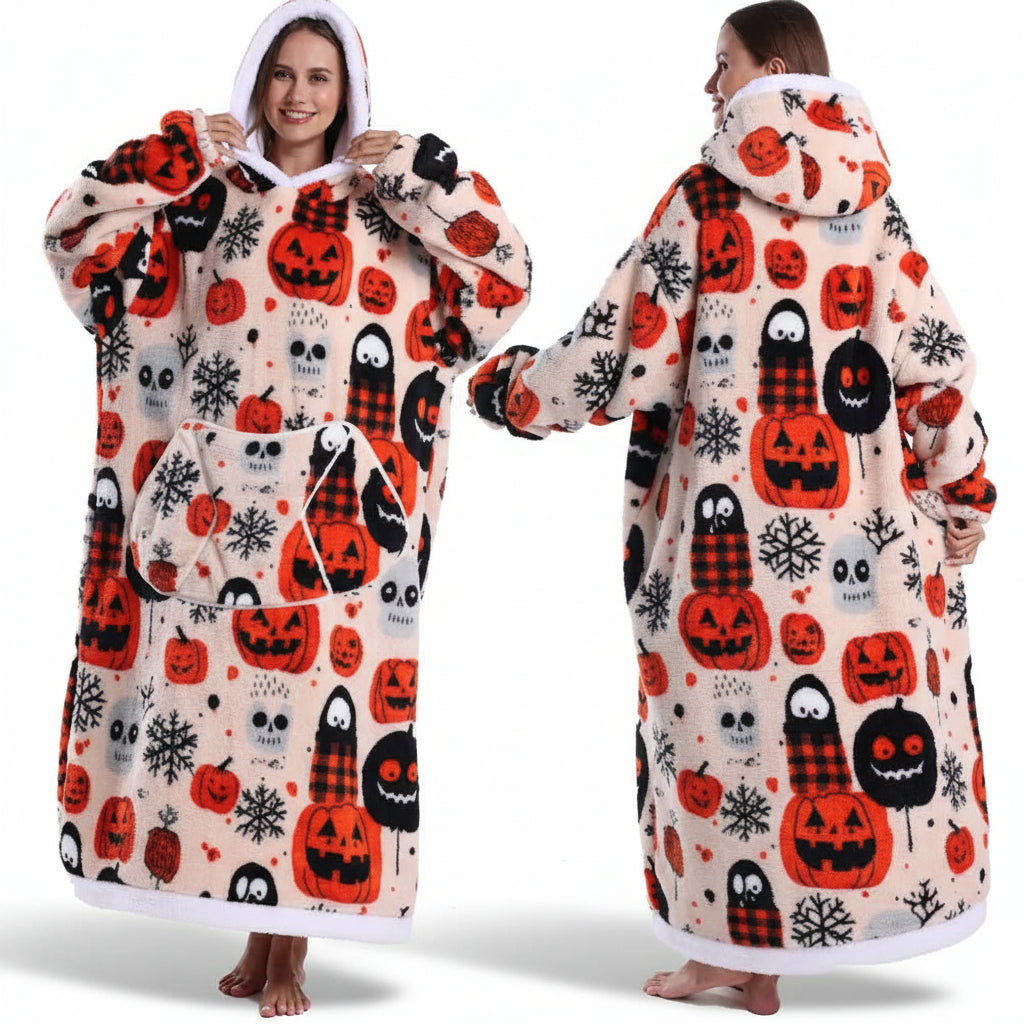 Hanorac cu glugă și pătură Sherpa cu imprimeu de Halloween, supradimensionat, purtabil ca pled