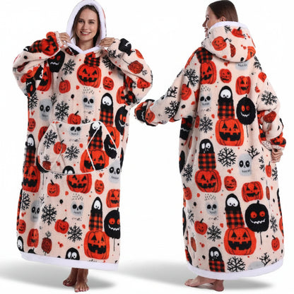 Hanorac cu glugă și pătură Sherpa cu imprimeu de Halloween, supradimensionat, purtabil ca pled
