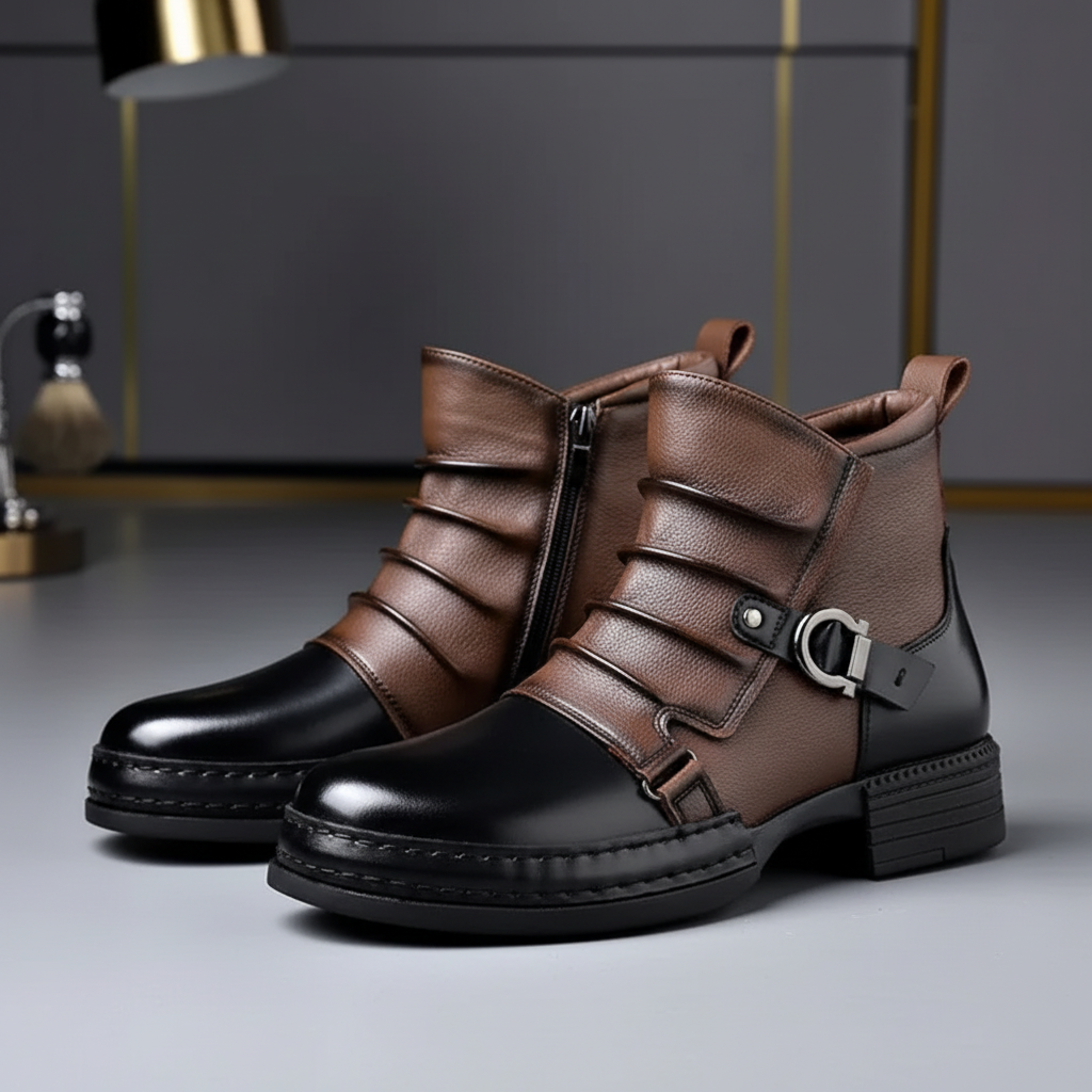 Ghete bărbătești din piele cu cataramă, fermoar lateral, pantofi casual eleganți