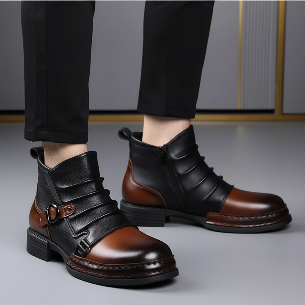 Ghete bărbătești din piele cu cataramă, fermoar lateral, pantofi casual eleganți