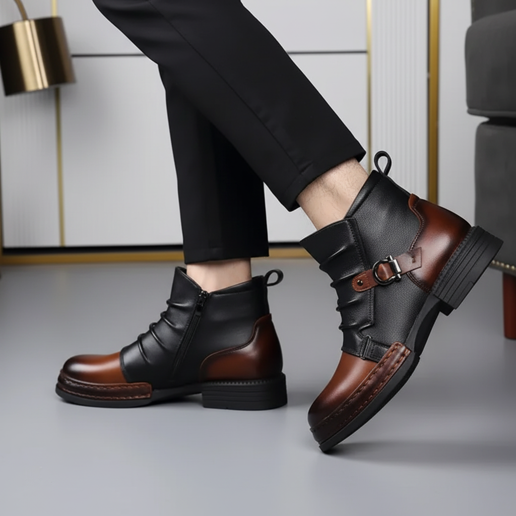 Ghete bărbătești din piele cu cataramă, fermoar lateral, pantofi casual eleganți
