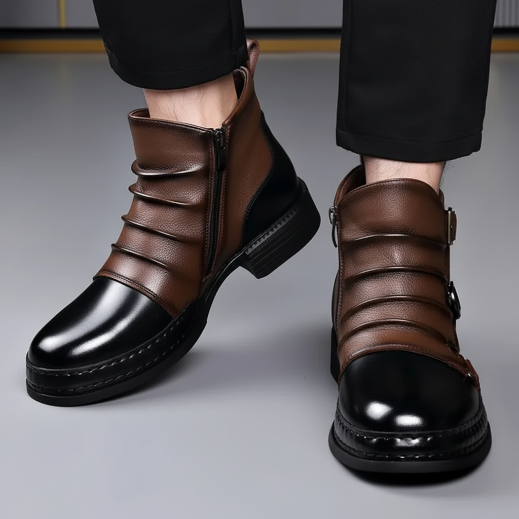 Ghete bărbătești din piele cu cataramă, fermoar lateral, pantofi casual eleganți
