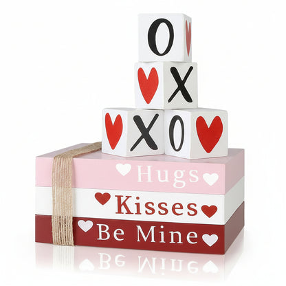 Decor de masă din lemn Valentine, stivă de cărți, raft cu semne în formă de inimă