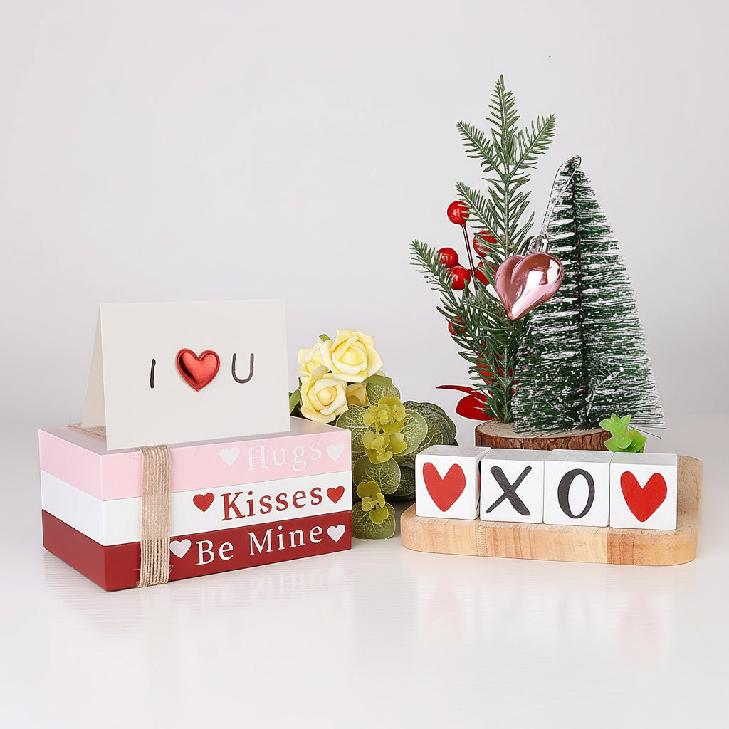 Decor de masă din lemn Valentine, stivă de cărți, raft cu semne în formă de inimă