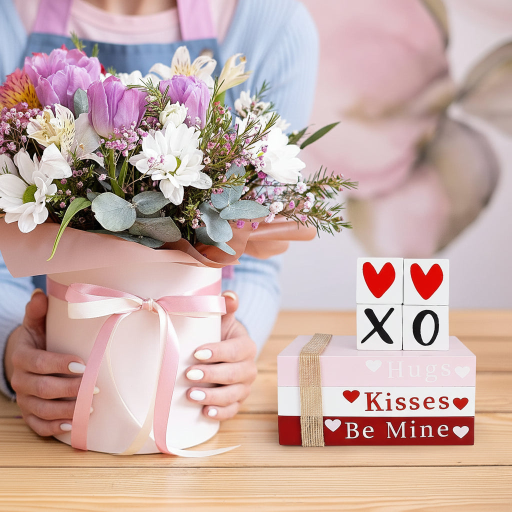 Decor de masă din lemn Valentine, stivă de cărți, raft cu semne în formă de inimă