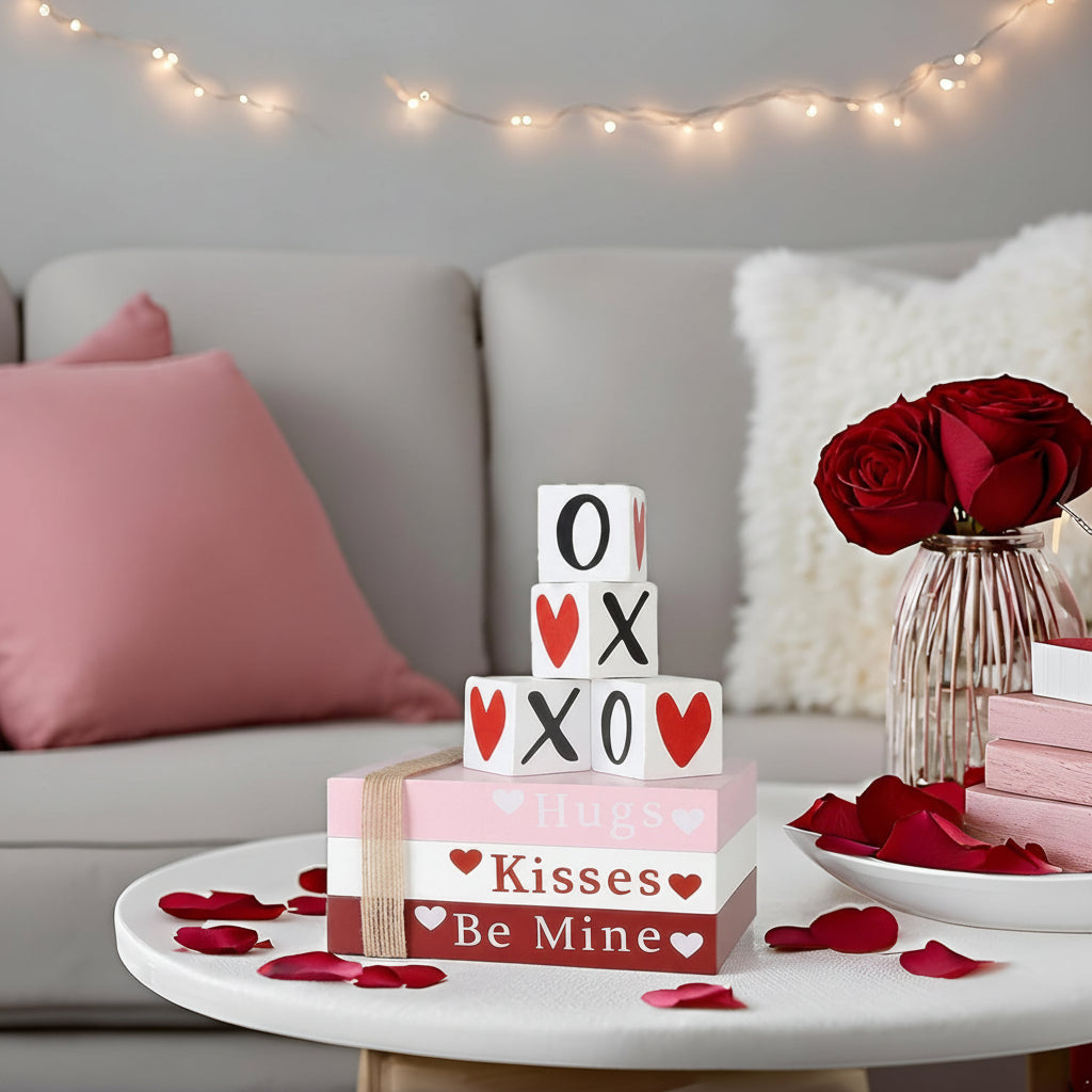 Decor de masă din lemn Valentine, stivă de cărți, raft cu semne în formă de inimă