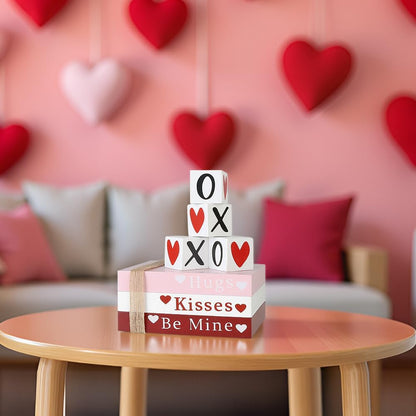 Decor de masă din lemn Valentine, stivă de cărți, raft cu semne în formă de inimă
