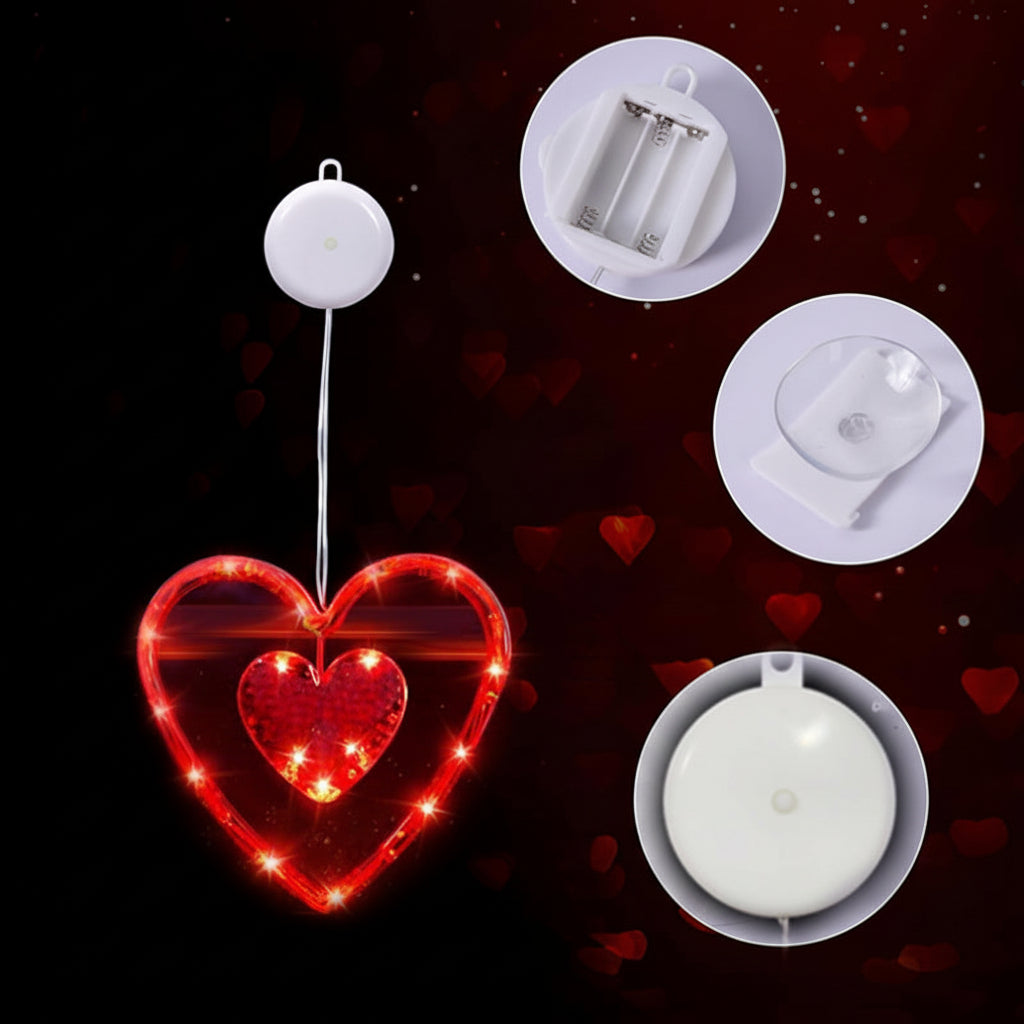 Luzes LED Coração Ventosa para Janela Alimentadas a Pilhas Decoração Romântica