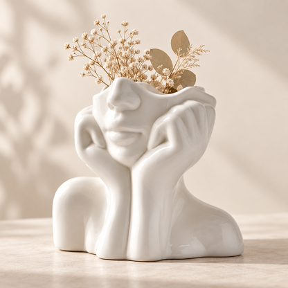 Vaso decorativo artigianale con volto unico, decorazione scolpita