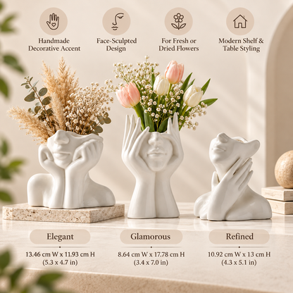 Vaso decorativo artigianale con volto unico, decorazione scolpita