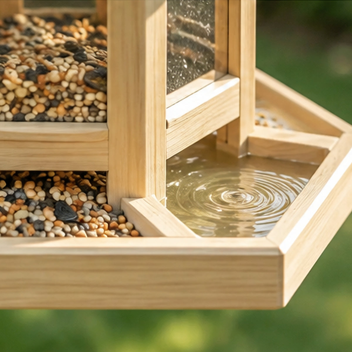 Handgefertigtes hölzernes Vogelfutterhaus zum Aufhängen im Freien oder zur Befestigung an der Veranda