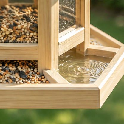 Handgefertigtes hölzernes Vogelfutterhaus zum Aufhängen im Freien oder zur Befestigung an der Veranda