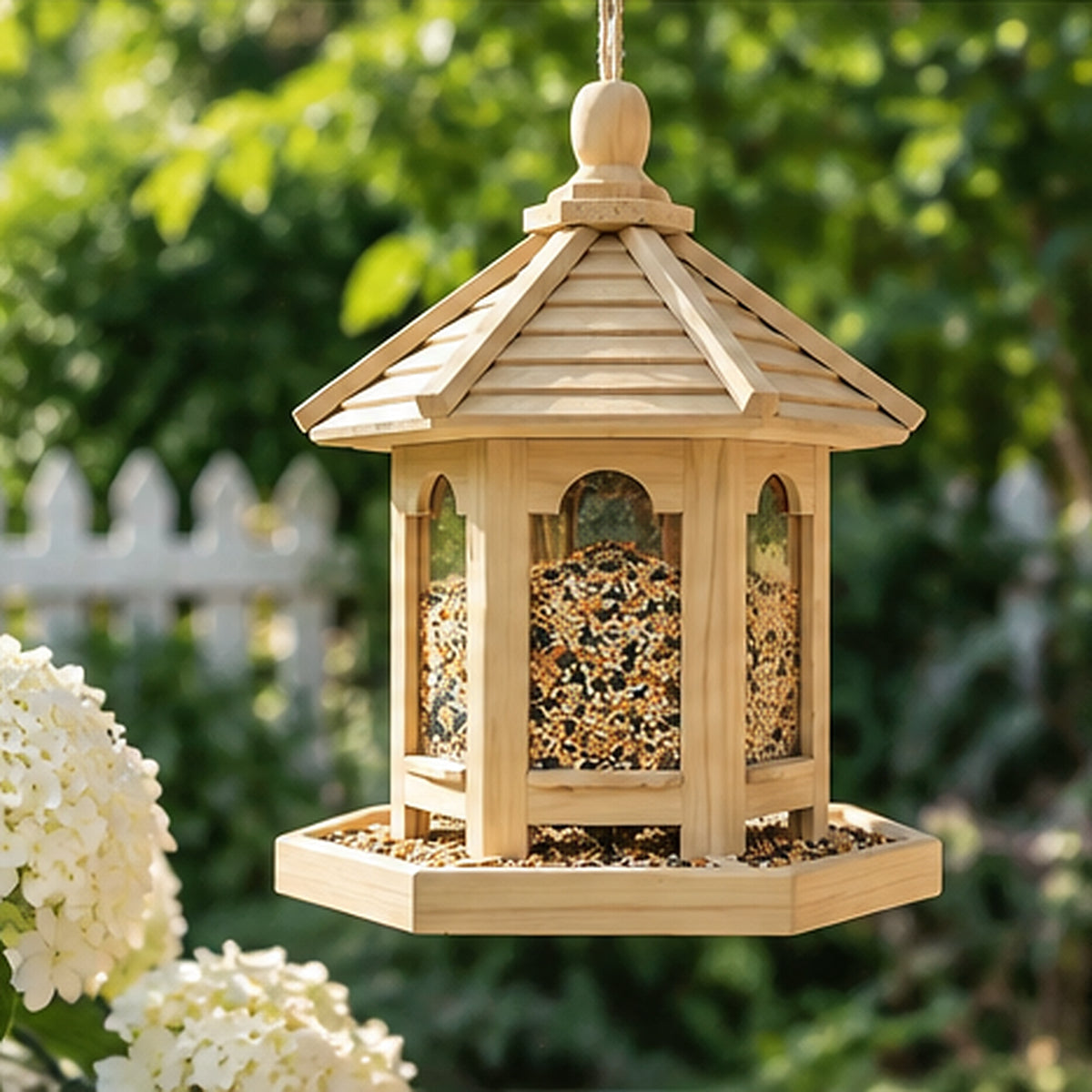 Handgefertigtes hölzernes Vogelfutterhaus zum Aufhängen im Freien oder zur Befestigung an der Veranda