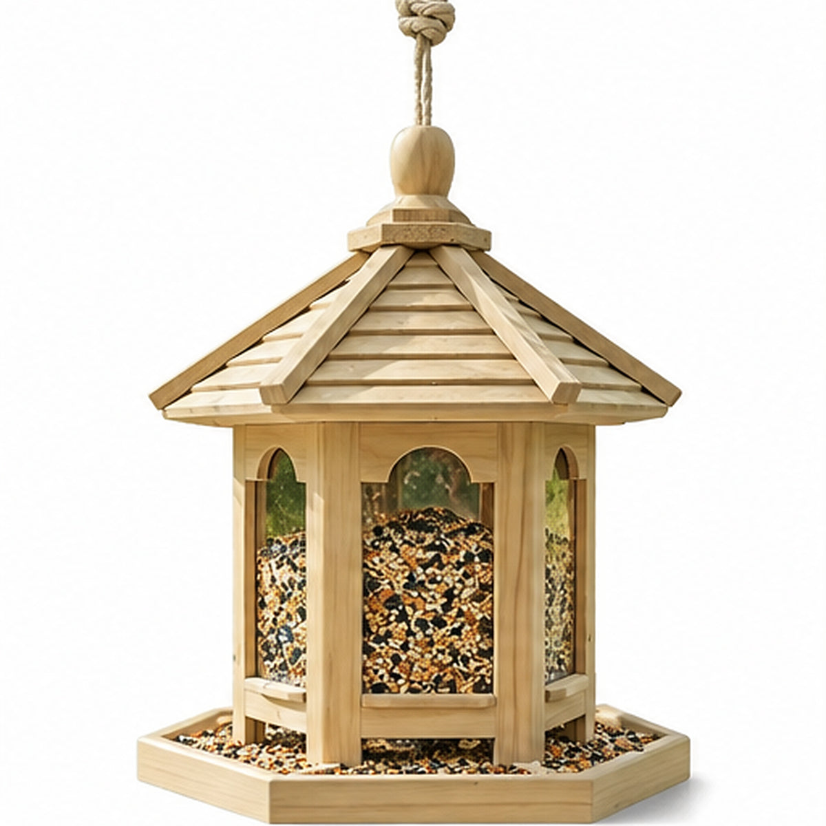 Handgefertigtes hölzernes Vogelfutterhaus zum Aufhängen im Freien oder zur Befestigung an der Veranda