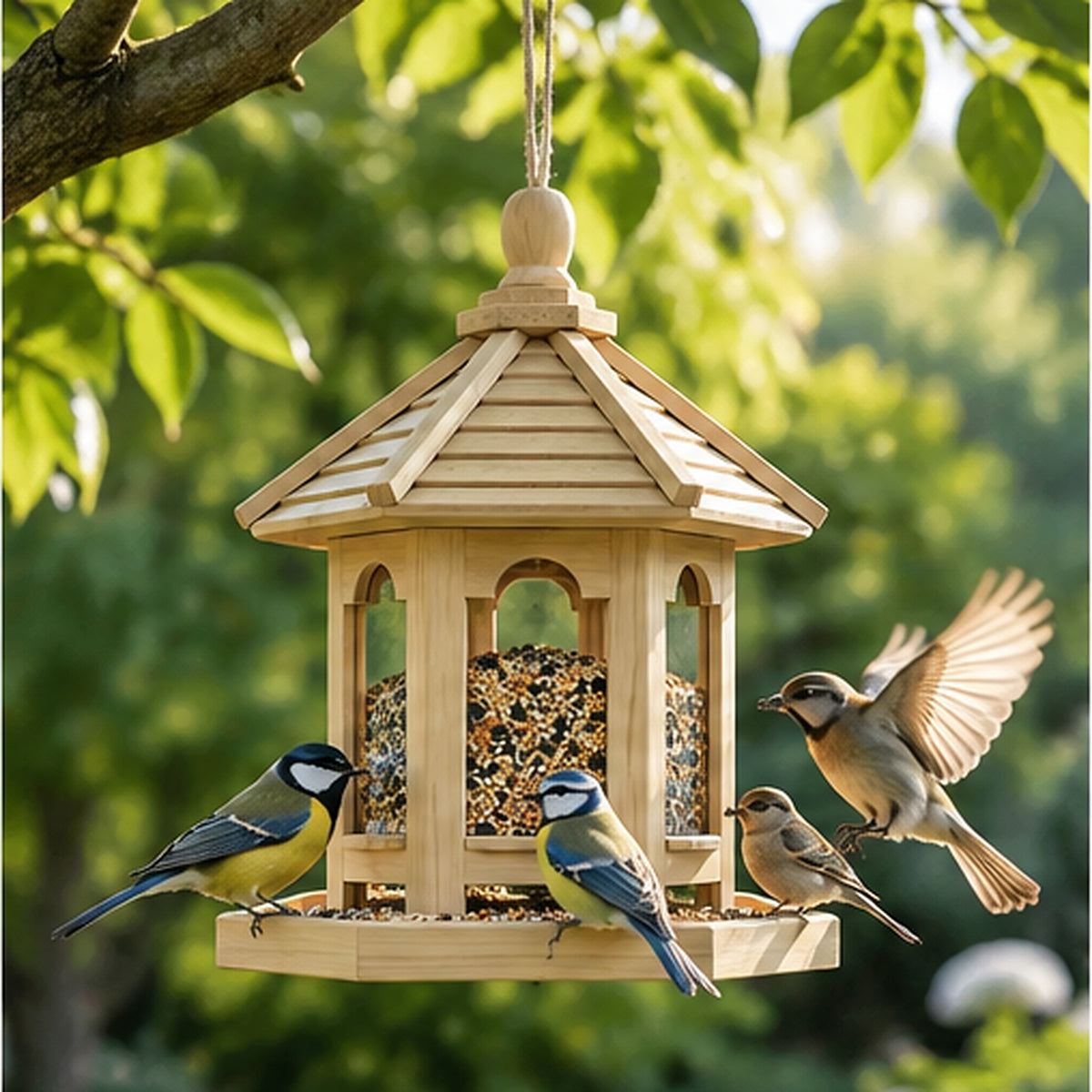 Handgefertigtes hölzernes Vogelfutterhaus zum Aufhängen im Freien oder zur Befestigung an der Veranda