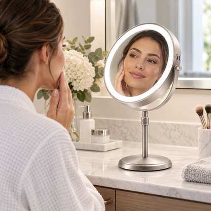 Højdejusterbart makeup-spejl med LED og dobbeltsidet design