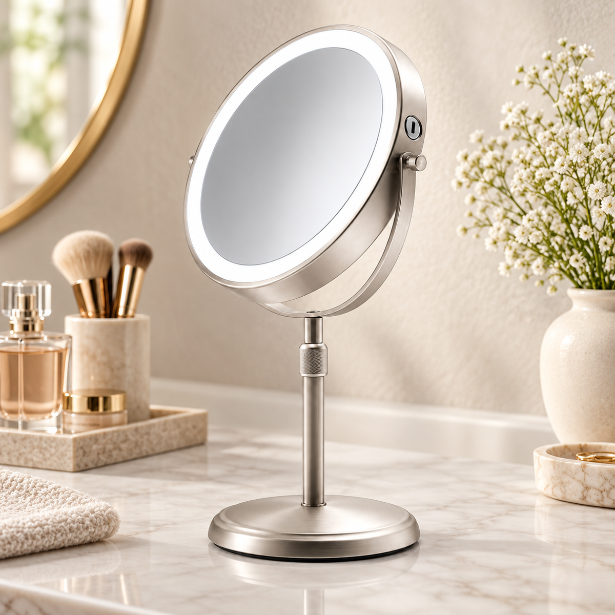 Højdejusterbart makeup-spejl med LED og dobbeltsidet design