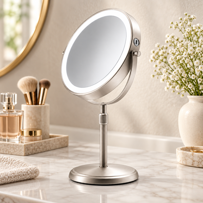 Højdejusterbart makeup-spejl med LED og dobbeltsidet design