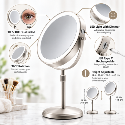 Højdejusterbart makeup-spejl med LED og dobbeltsidet design