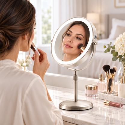 Højdejusterbart makeup-spejl med LED og dobbeltsidet design