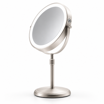 Højdejusterbart makeup-spejl med LED og dobbeltsidet design