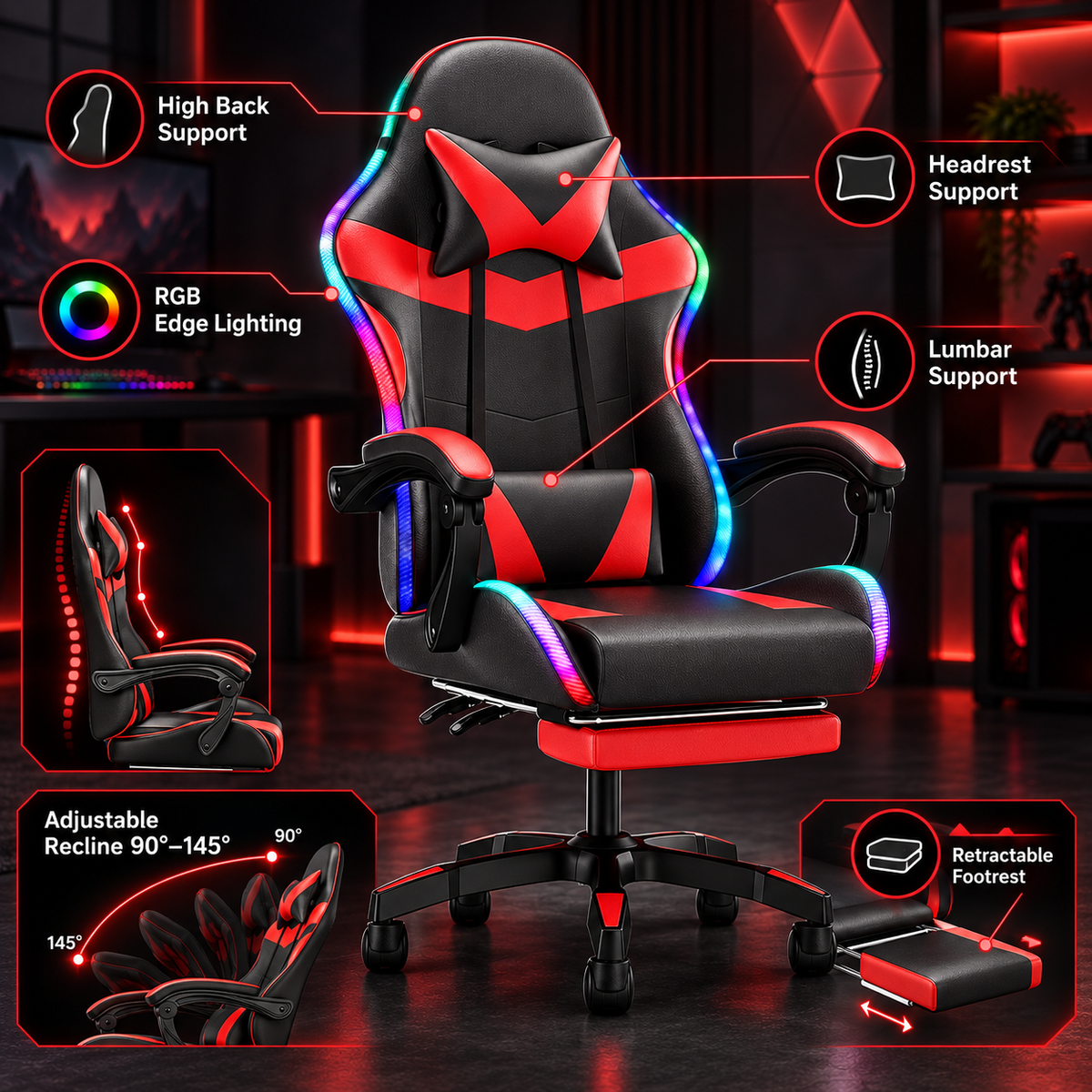 Sedia da gaming con schienale alto, illuminazione RGB, reclinabile, poggiatesta e supporto lombare