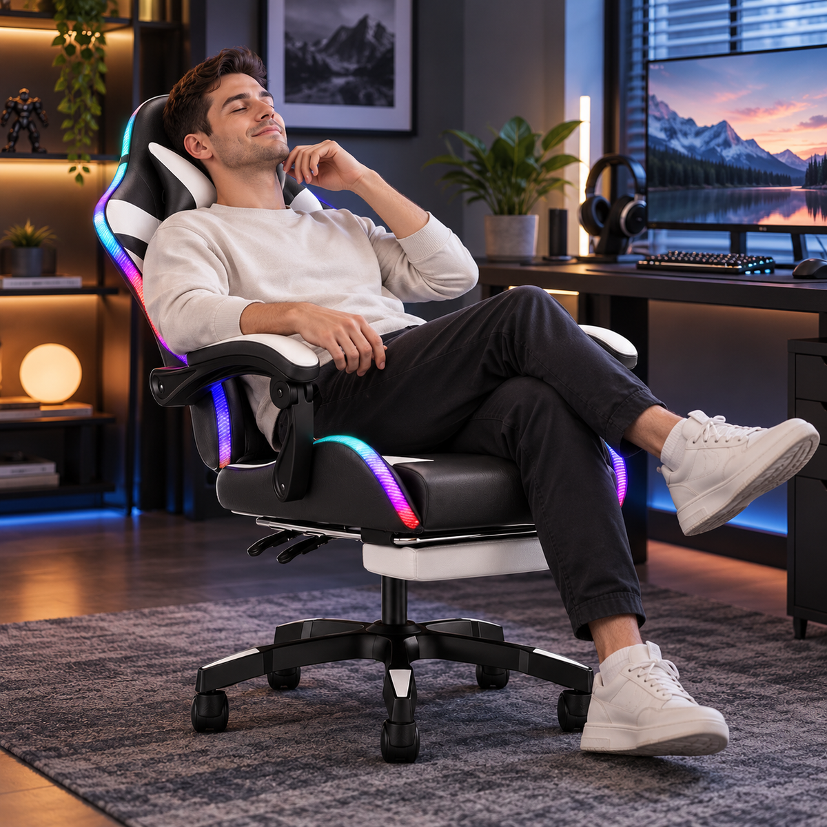 Sedia da gaming con schienale alto, illuminazione RGB, reclinabile, poggiatesta e supporto lombare