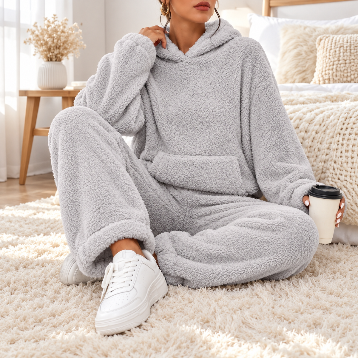 Ultra bequemer Teddy-Pyjama-Set mit Kapuze für zu Hause