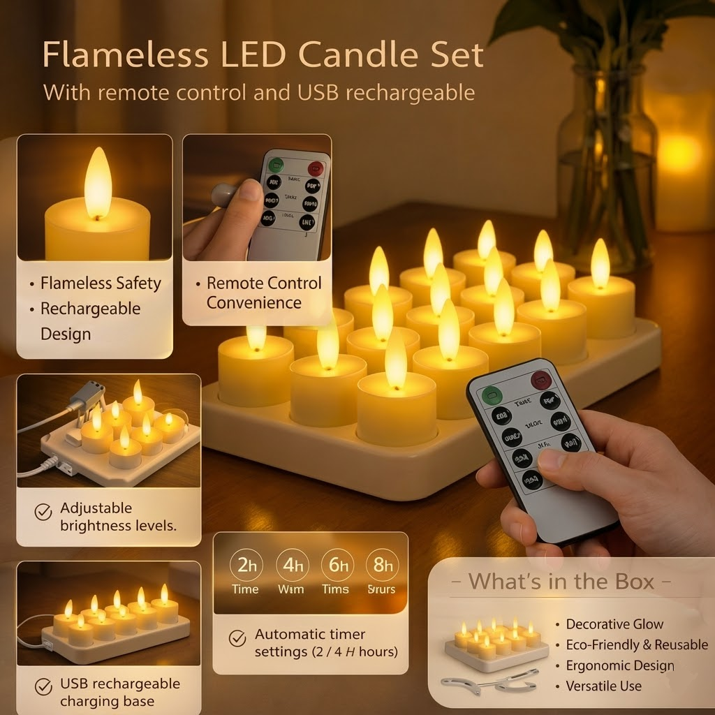 Set di Candele a LED Senza Fiamma con Telecomando, Timer e Ricaricabili via USB