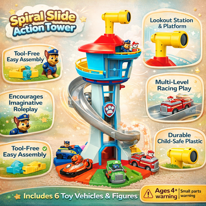 Set di gioco per bambini con scivolo, torre e macchinine, attività per interni