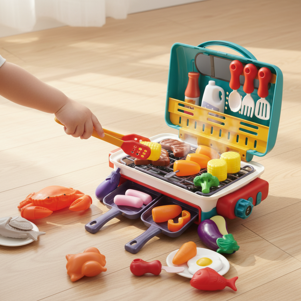 Spielzeug Grill Kinder BBQ Grillset Rauch Effekt Zubehör