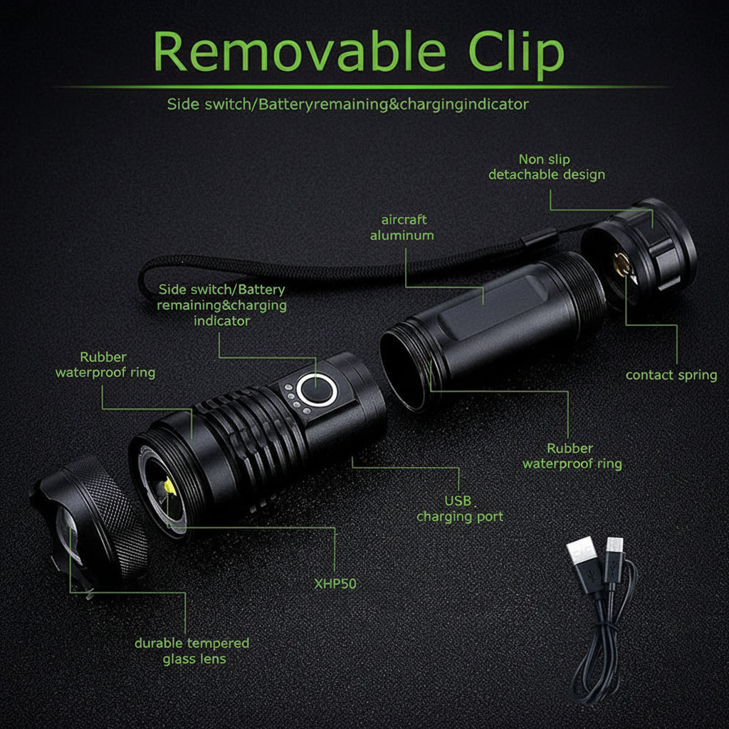 Torcia ricaricabile tattica in alluminio con LED e zoom
