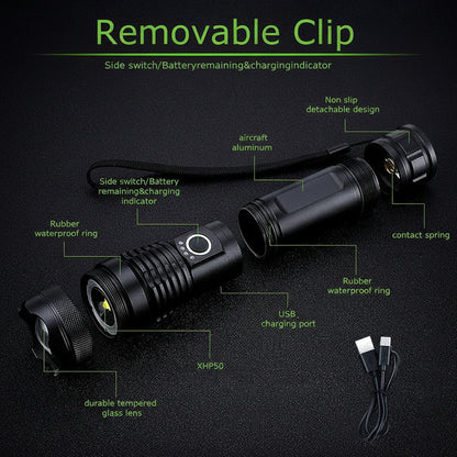 Torcia ricaricabile tattica in alluminio con LED e zoom